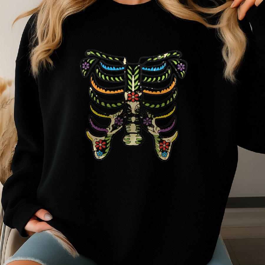 Day Of The Dead Rib Cage Tee | Floral Sugar Skull Skeleton Shirt | Halloween Costume Sweatshirt