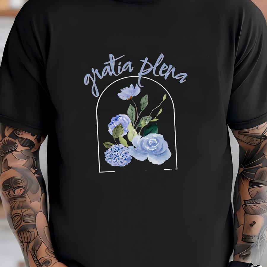 Gratia Plena Marian Hoodie: Virgin Mary Floral Design T-shirt