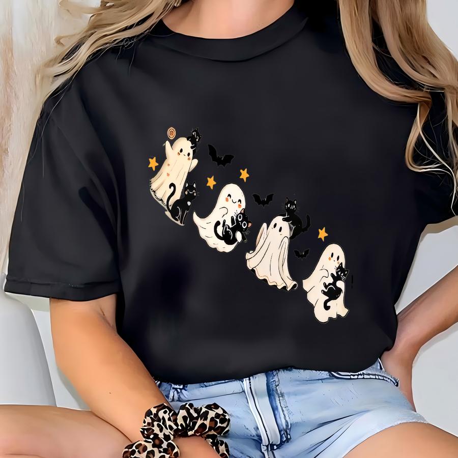 Black Cat With Ghost Sweatshirt, Retro 90s Halloween Shirt, Fall Crewneck Sweatshirt, Black Cat Sweater, Halloween Black Cat Hoodie T-shirt