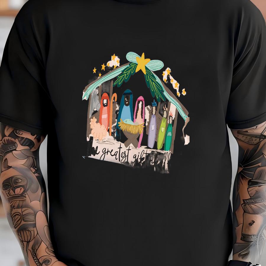 Bow Nativity Coquette Shirt, The Greatest Gift Of All, Nativity Shirt, Christian Christmas Shirt, Religious Christmas Shirt, Christmas Gift T-shirt