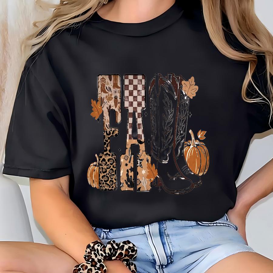 Cowboy Checkered Fall Shirt, Western Pumpkin Tee, Howdy Autumn Shirt, Cowboy Boots Shirt, Cute Western Halloween Ghost Tee T-shirt