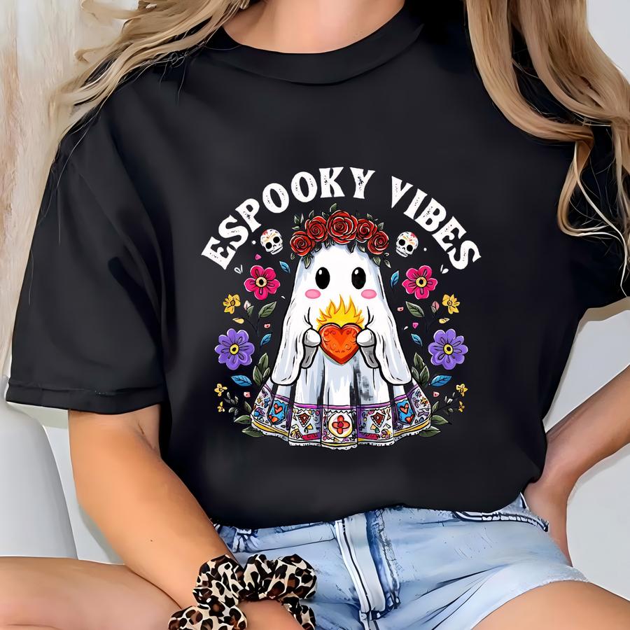 Espooky Vibes Halloween Sweatshirt, Halloween Spirit Sweater, Boo-tiful Halloween Sweat, Spooky Vibes Pullover,gift Mexican Ghost Crewneck T-shirt