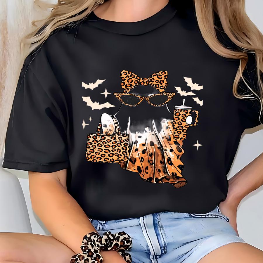 Boo-jee Ghost Halloween Sweatshirt, Leopard Ghost Coffee Sweatshirt, Girly Halloween Gift, Spooky Season Retro Fall Sweatshirt T-shirt