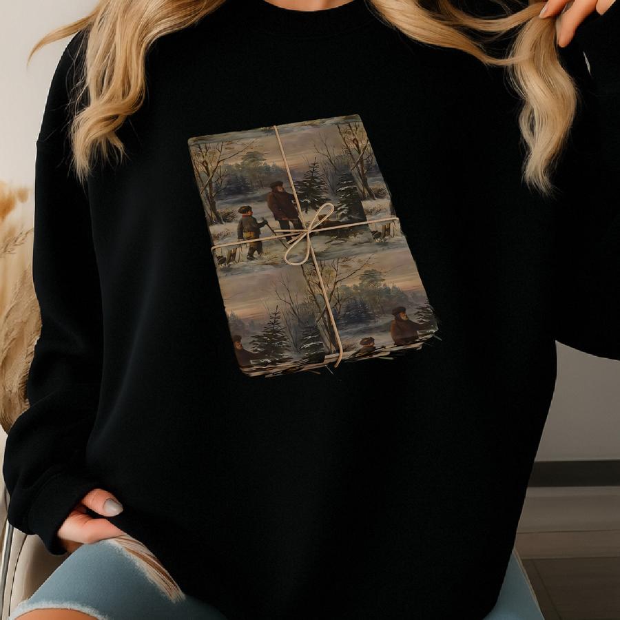 Vintage Style Man Boy And Dog With Christmas Tree Dark Wrapping Paper, Christmas Wrapping Paper, Gift Wrap Sweatshirt