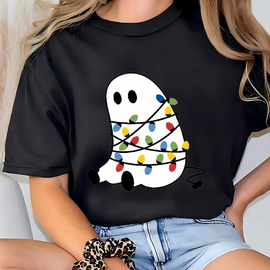 Christmas Spirit Catching Lights Funny Holiday Sweatshirt Christmas Jingle Crewneck Xmas Lights Sweater Cute Ghost Xmas Lights Crewneck T-shirt