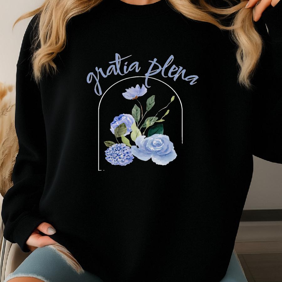Catholic Women’s Sweatshirt | Gratia Plena Crewneck | Virgin Mary Floral Gift | Marian Devotion Clothing Sweatshirt