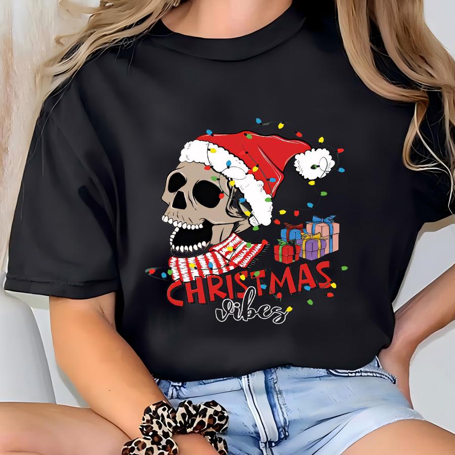 Skeleton Christmas Vibes Tee, Xmas Rock Skull Shirt T-shirt