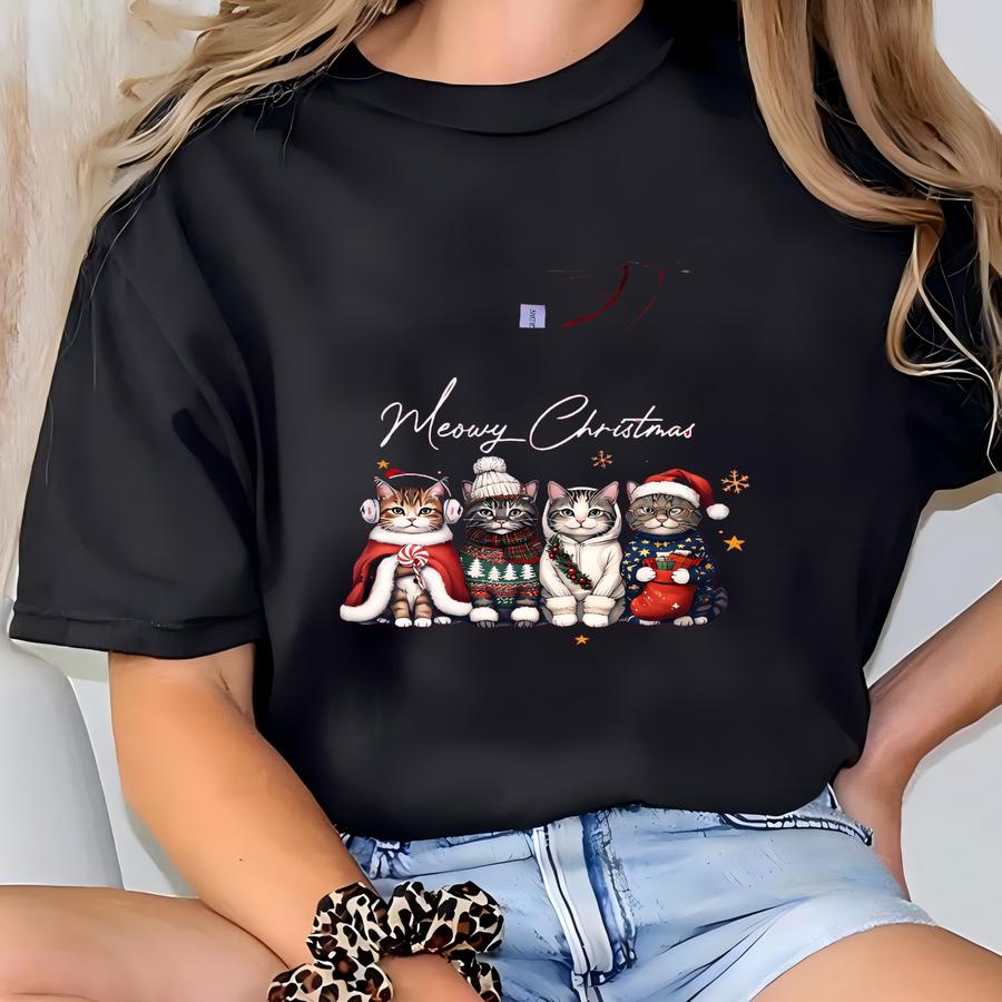 Christmas Cat Sweatshirt Meowy Christmas Santa Hat Cat Tee Cat Lover Christmas Shirt Gift Happy Holiday Kitty Black Cat Hoodie Mom Gift Tee T-shirt