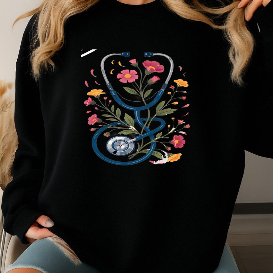 Custom Floral Stethoscope Shirt, Personalized Nurse Doctor Gift Sweatshirt