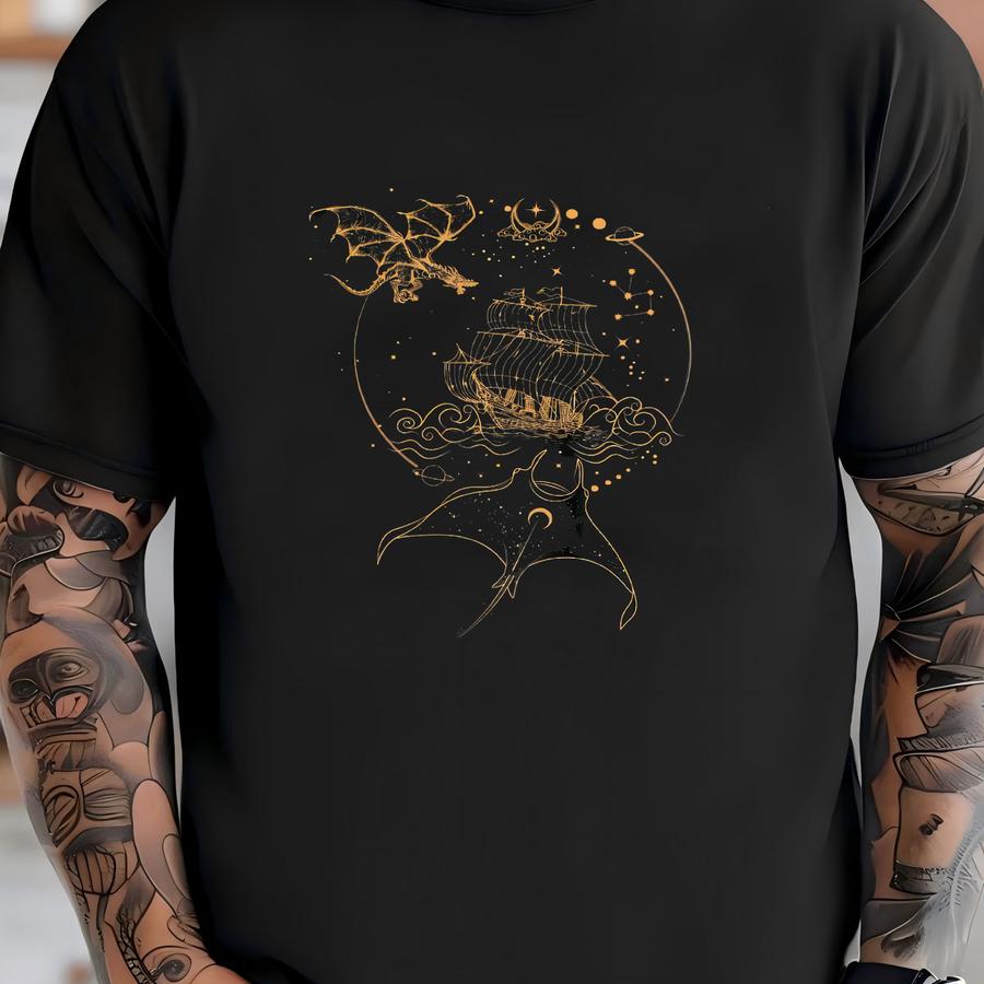 Fantasy World Celestial Nautical Dragon Shirt; Flying Cruising Ship In Space T-shirt