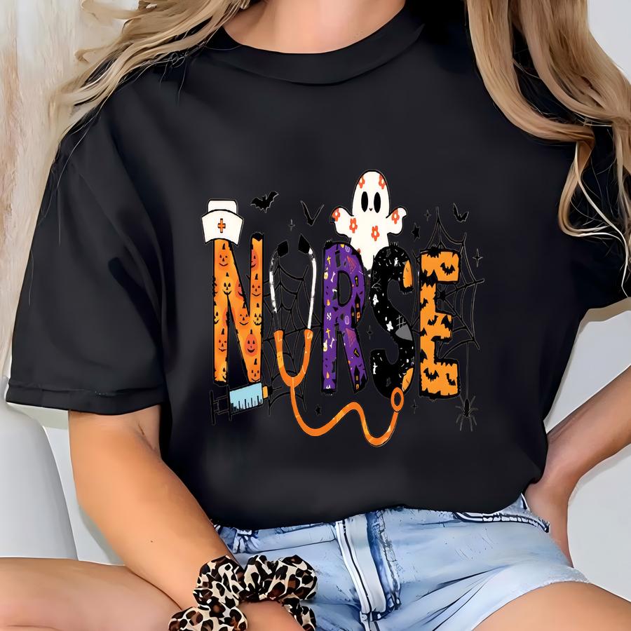 Halloween Nurse Sweatshirt | Spooky Crewneck Ghost Bat Spider Web Pumpkin Fall Nurse Gift | Halloween Nurse Shirt T-shirt