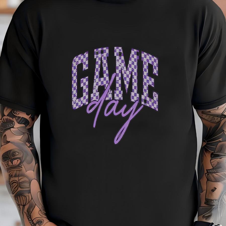 Game Day Shirt Checkered Purple Gray T-shirt