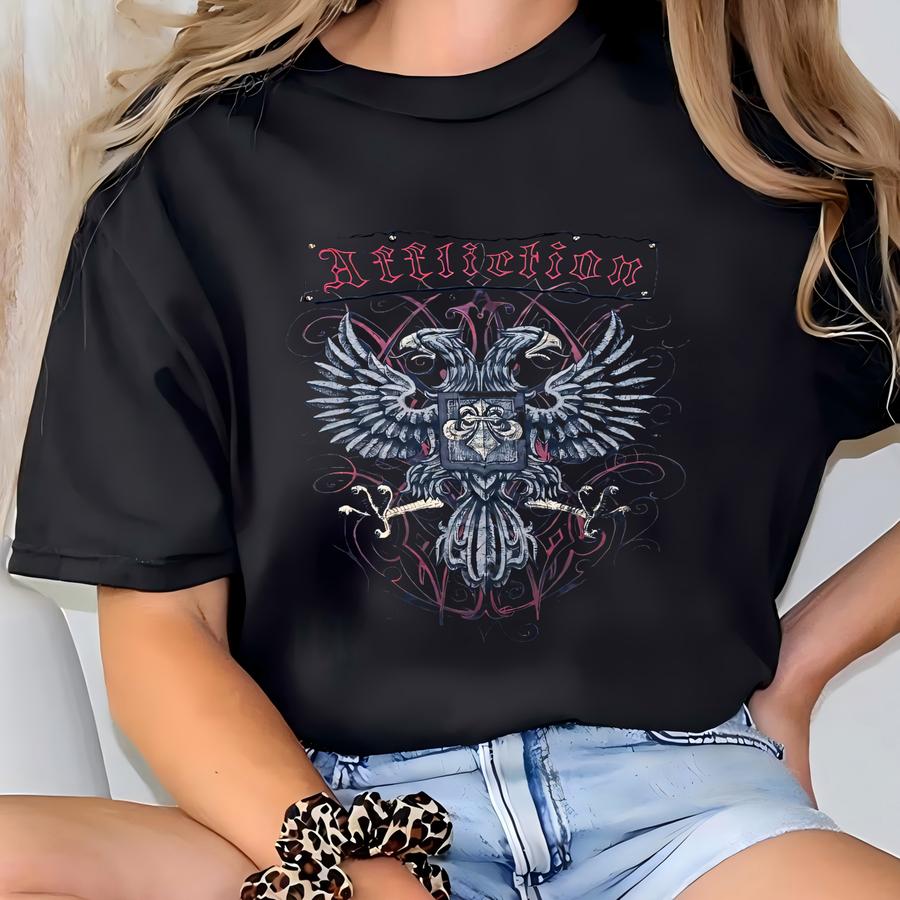 Vintage Y2k Affliction V Neck Aop Shirt Double Eagle Grunge Goth Black Mens 2xl T-shirt