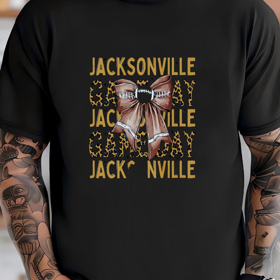 Jacksonville Football Apparel Mens Womens Hoodies/crewneck Sweatshirts/ Hoodies, Sports Fan Gift, Game Day Outfit, Coquette Leopard Bow T-shirt