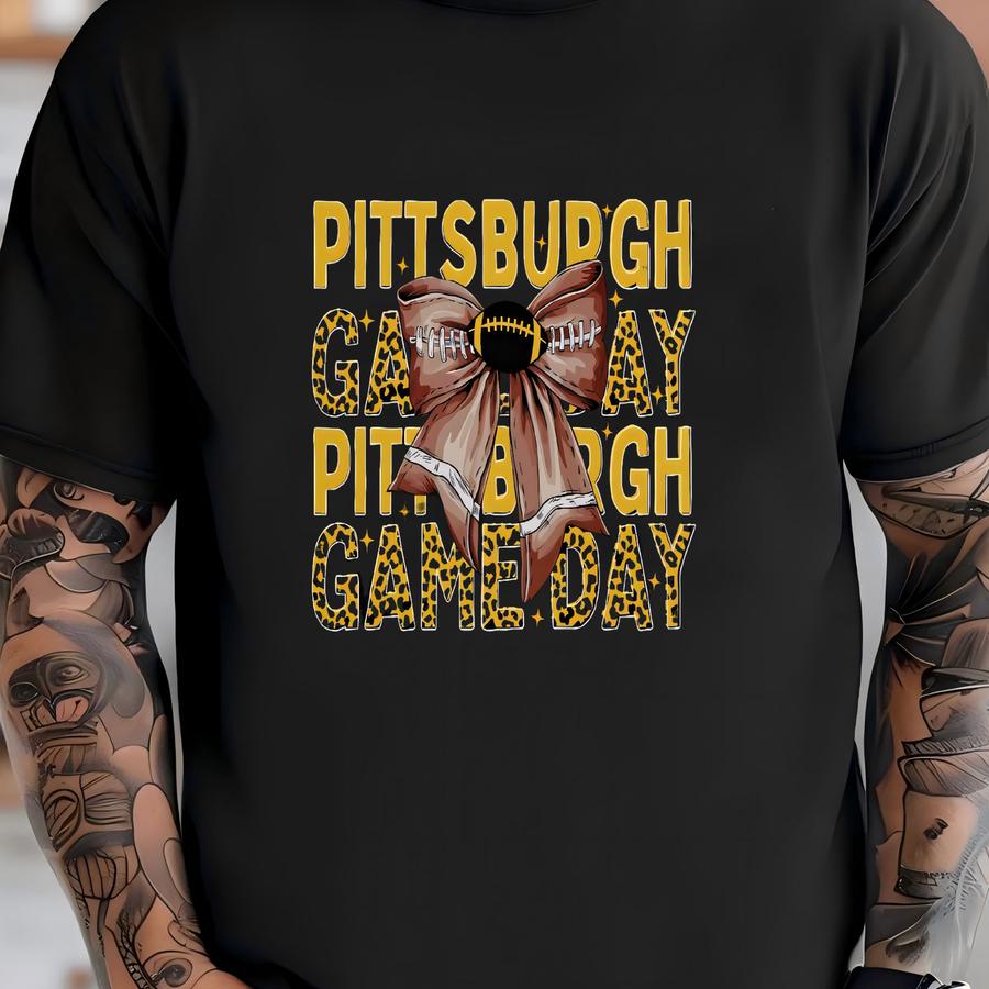 Pittsburgh Football Unisex Apparel, Mens Womens Hoodie Crewneck Sweatshirt Hoodie, Sports Fan Gift, Game Day Outfit, Coquette Leopard Bow T-shirt