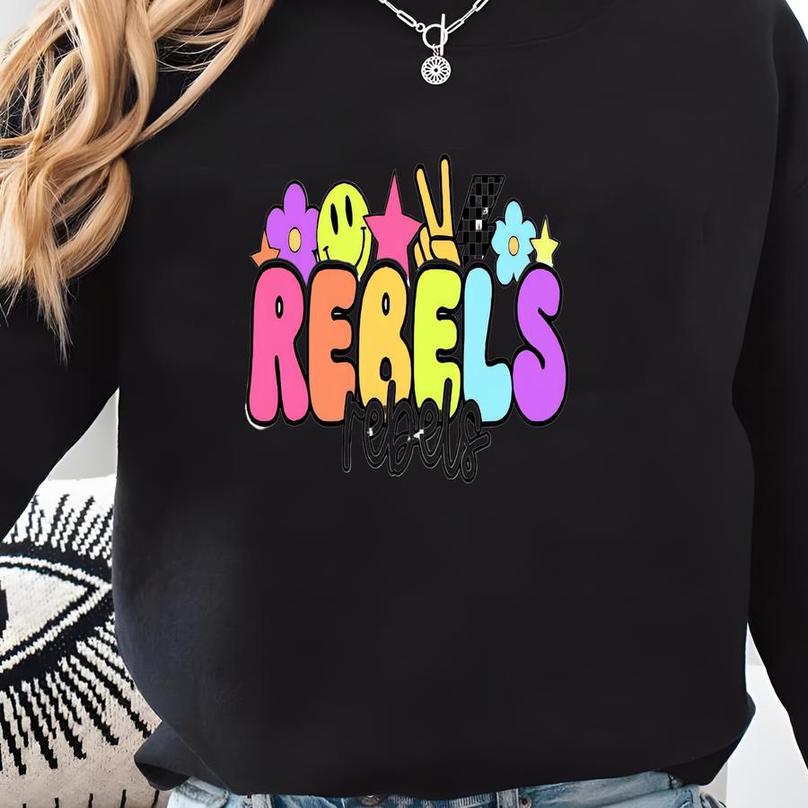 Colorful Game Day Rebels T Shirt, Bright Fun Rebels T Shirt, Rebels T Shirt, Preppy Rebels Shirt, Go Rebels, Colorful Rebels, Face Sweatshirt