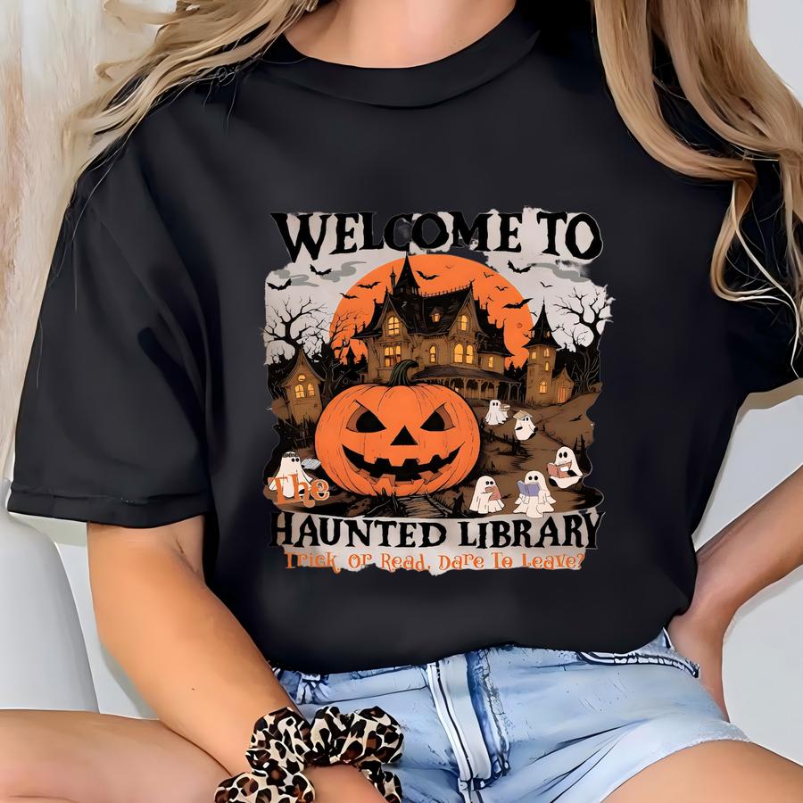 The Haunted Library Sweatshirt, Bookish Halloween Hoodie, Halloween Librarian Gift, Ghost Reading Books Sweatshirt, M Book Club Sweater. T-shirt