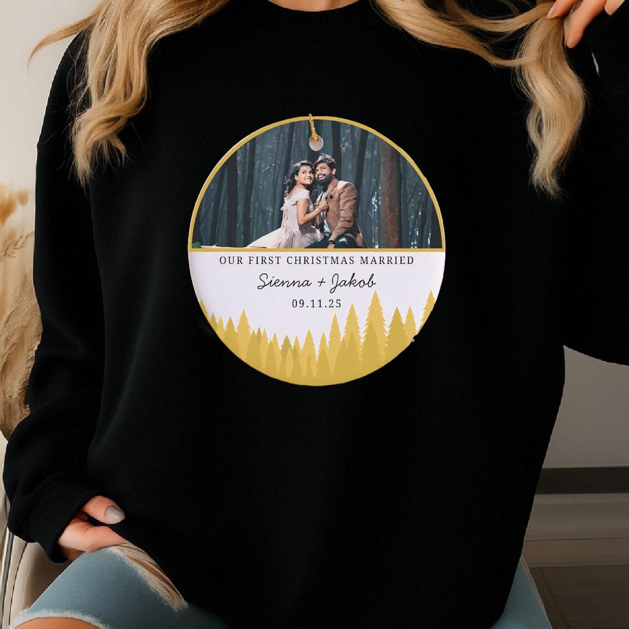 First Christmas Married Photo Ornament, Mr And Mrs Christmas Ornament, Married Picture Ornament, Our First Christmas Married Ornament Forest Sweatshirt
