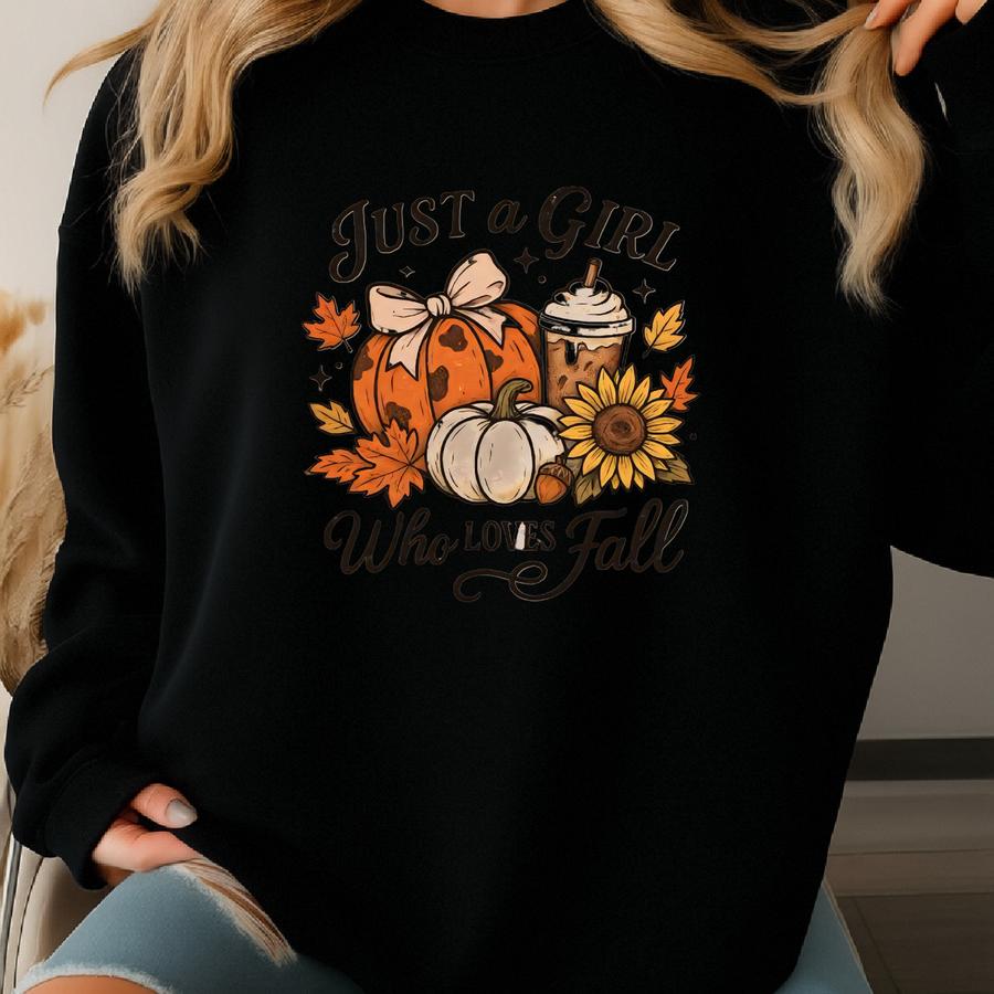 Just A Girl Who Loves Fall Sweatshirt, Coquette Bow Pumpkin Tshirt, Fall Girl Shirt, Coffee Lover Gift, Autumn Gift Tee Sweatshirt