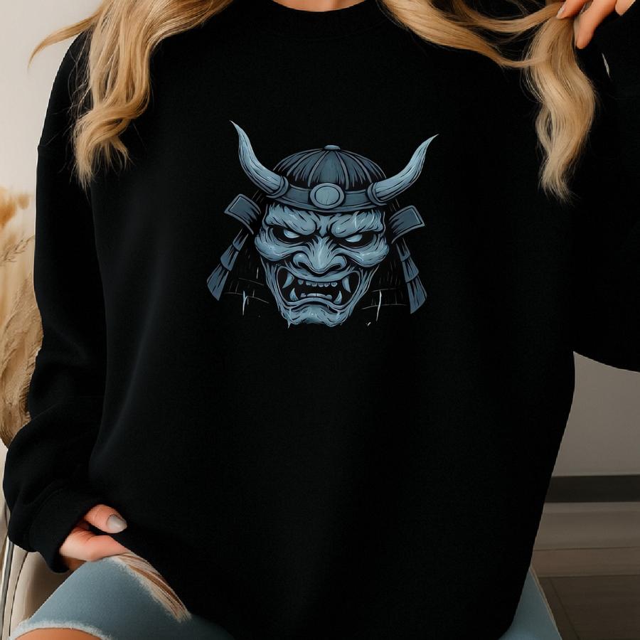 Winter Warrior Sweatshirt, Samurai Mask Pullover, Gothic Winter Sweater, Dark Holiday Gift, Japanese Oni Top Sweatshirt