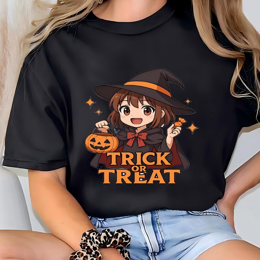 Trick Or Treat Halloween Anime Witch Sweatshirt, Cute Kawaii Pumpkin Pullover, Spooky Season Gift Sweater T-shirt