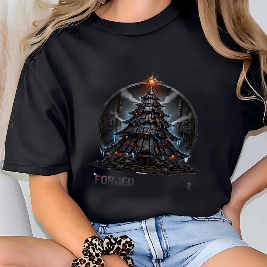 Forged In Winter Sweatshirt, Gothic Metal Christmas Tree Pullover, Dark Holiday Unisex Sweater Gift T-shirt