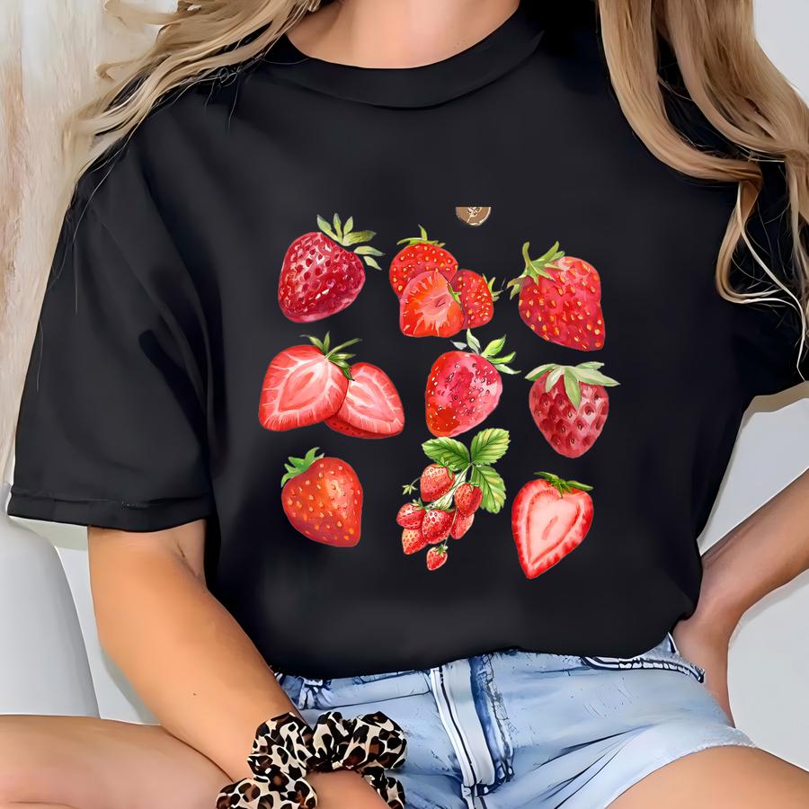 ® Strawberry Watercolor Shirt, Berry Fruit Tee, Retro Style Shirt, Summer Botanical Strawberry Graphic Tee, Cute Summer Shirt T-shirt