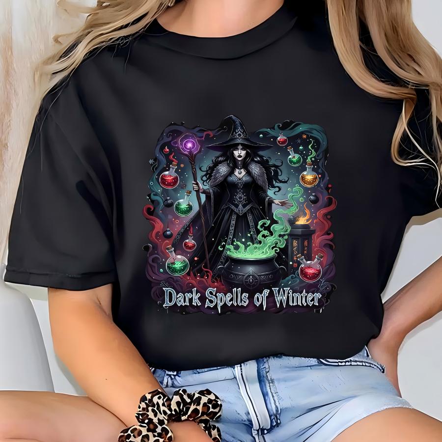 Dark Spells Of Winter Witch Sweatshirt, Gothic Witchcraft Pullover, Winter Magic Cauldron Graphic Gift T-shirt
