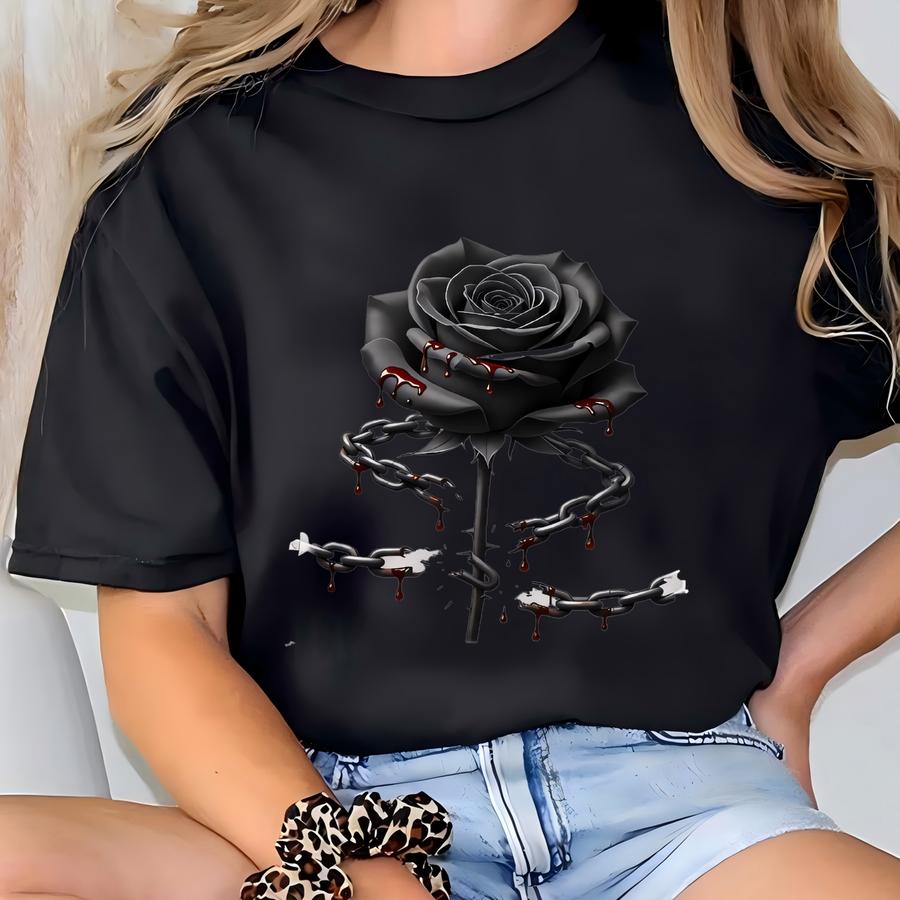 Gothic Black Rose Sweatshirt – Dark Chains Blood Rose Pullover, Gothic Streetwear, Unique Dark Fashion Gift T-shirt