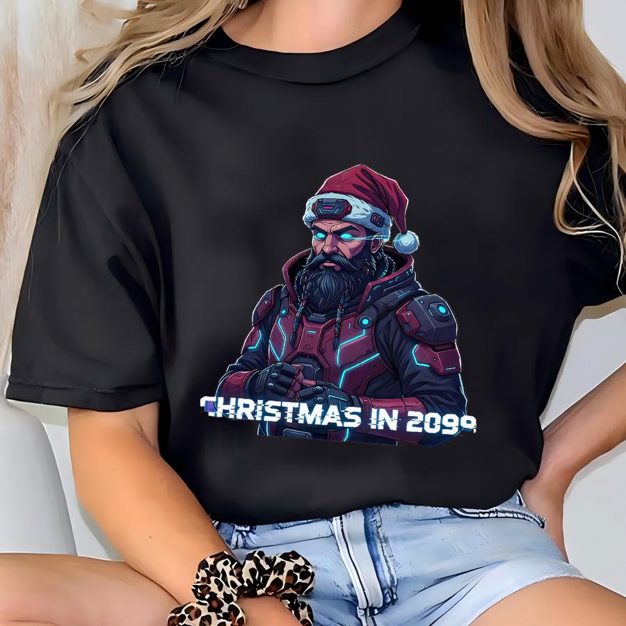 Cyberpunk Santa Hoodie – Christmas In 2099 Sweatshirt, Futuristic Holiday Pullover, Neon Santa Streetwear Gift T-shirt