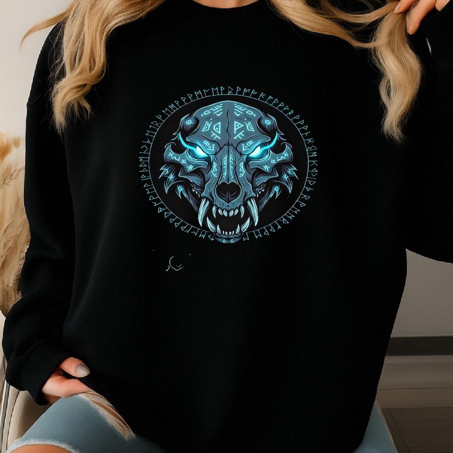 Lone Howl Wolf Sweatshirt, Norse Rune Hoodie, Gothic Wolf Top, Dark Streetwear Pullover, Viking Wolf Crewneck Gift Sweatshirt