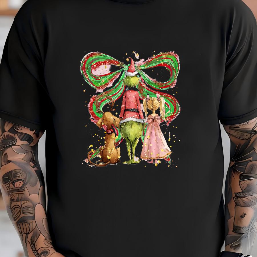 Funny Christmas Monster Bow Shirt - Retro Green Character Tee T-shirt