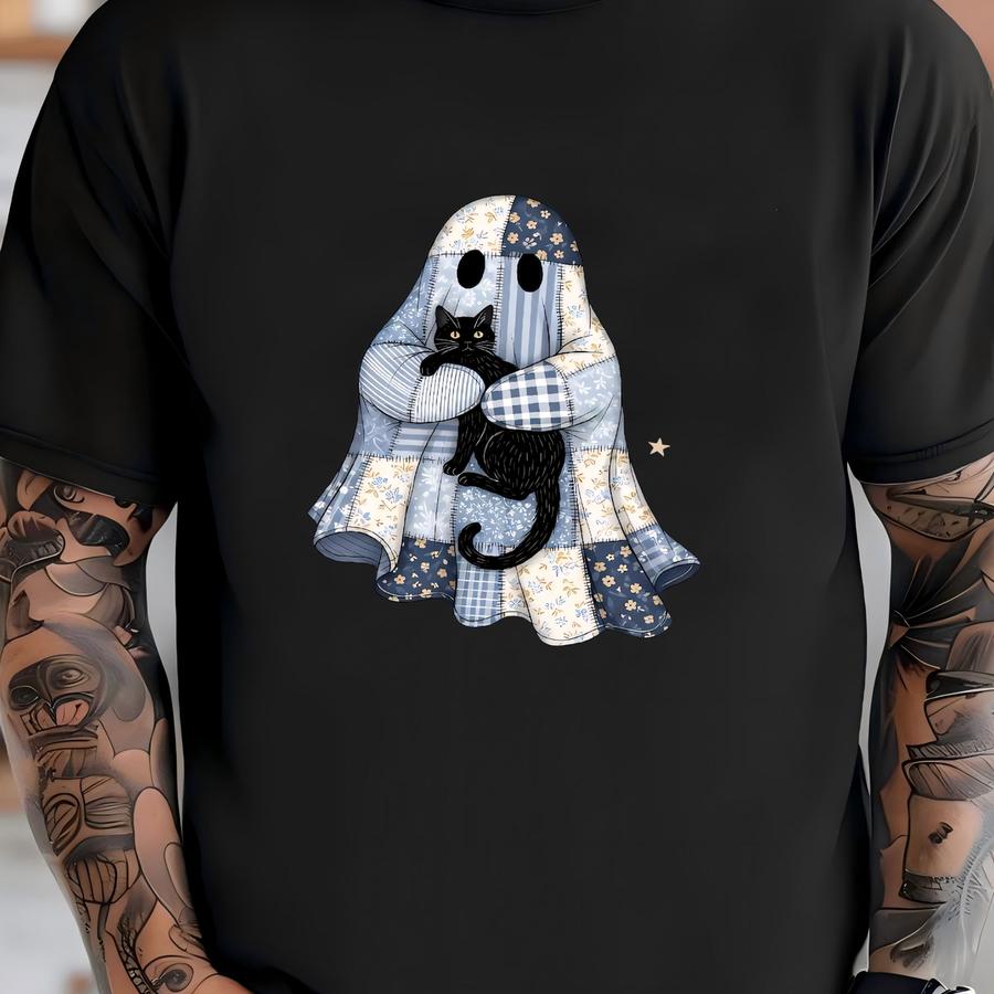 ® Shirt, Patchwork Ghost With Black Cat Shirt, Halloween Ghost, Spooky Season Tee, Halloween 2025 Gift, Fall Shirt, Cat Lover T-shirt