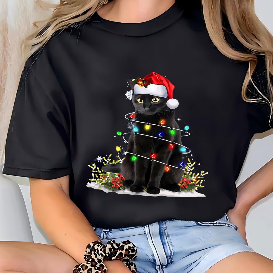 ® Black Cat Christmas Shirt, Christmas Lights Holiday Hoodie T-shirt