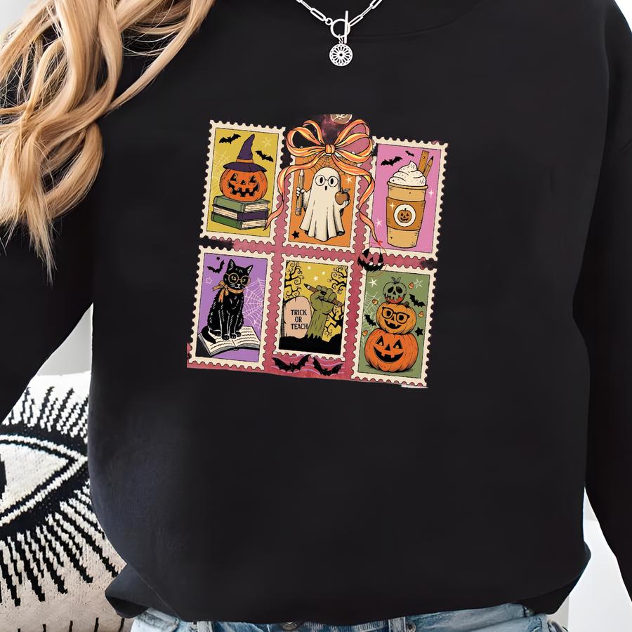 Halloween Book Lover Shirt | Spooky Season Stamp Tee | Witch Cat Ghost Pumpkin Coffee Vintage Fall Graphic T-shirt Sweatshirt