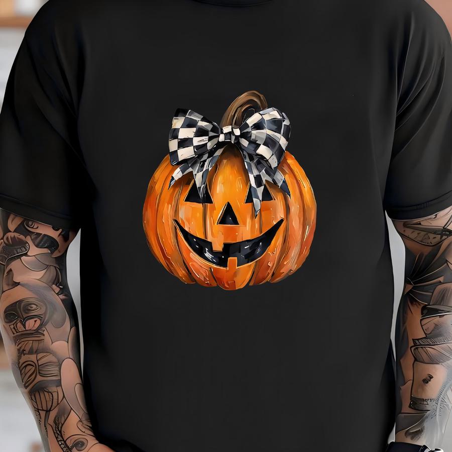 Pumpkin Sweatshirt – Halloween Pumpkin With Checkered Bow Crewneck, Fall Jack-o-lantern Top, Party Outfit Shirt