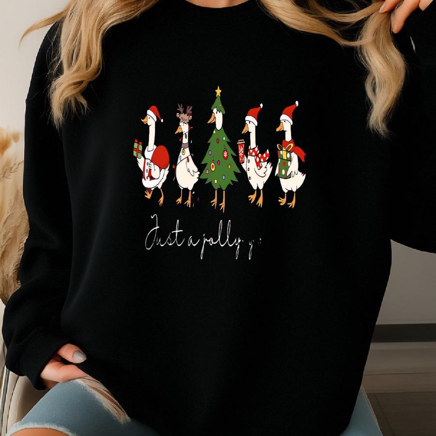 Just A Jolly Goose Shirts, Merry Christmas Sweatshirt, Cozy Merry And Bright T-shirts, Christmas Goose Design, Duck Christmas Shirt Sweatshirt