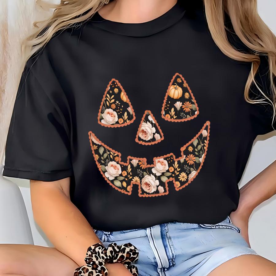 Black Floral Pumpkin Face Shirt Spooky Pumpkin Hoodie Floral Halloween Pumpkin Hoodie T-shirt