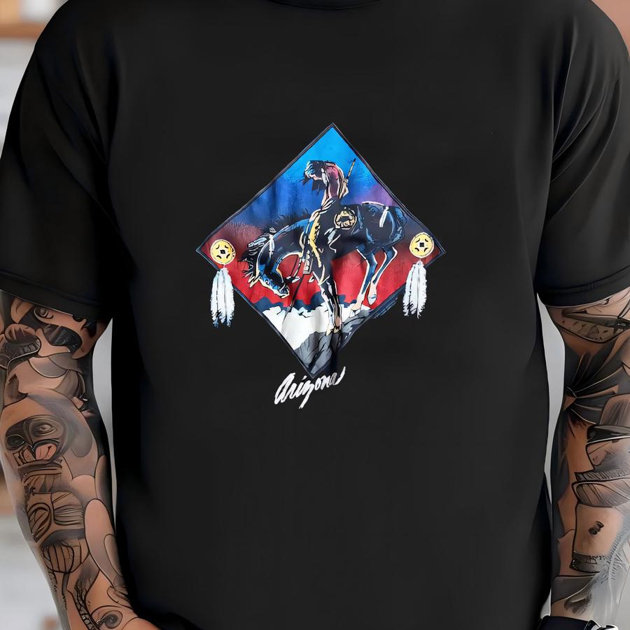 Vintage 1989 Arizona Navajo Horse Rider Graphic Single Stich Hoodie. Made In Usa, Size Large. T-shirt