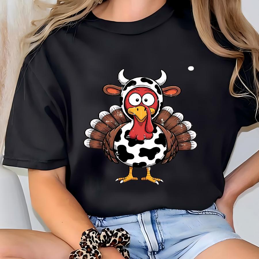 ® Turkey Moo Shirt, Funny Thanksgiving Shirt, Fall Season Gift For Woman, Thankful Farmer Shirt, Happy Thanksgiving, Fake Cow T-shirt