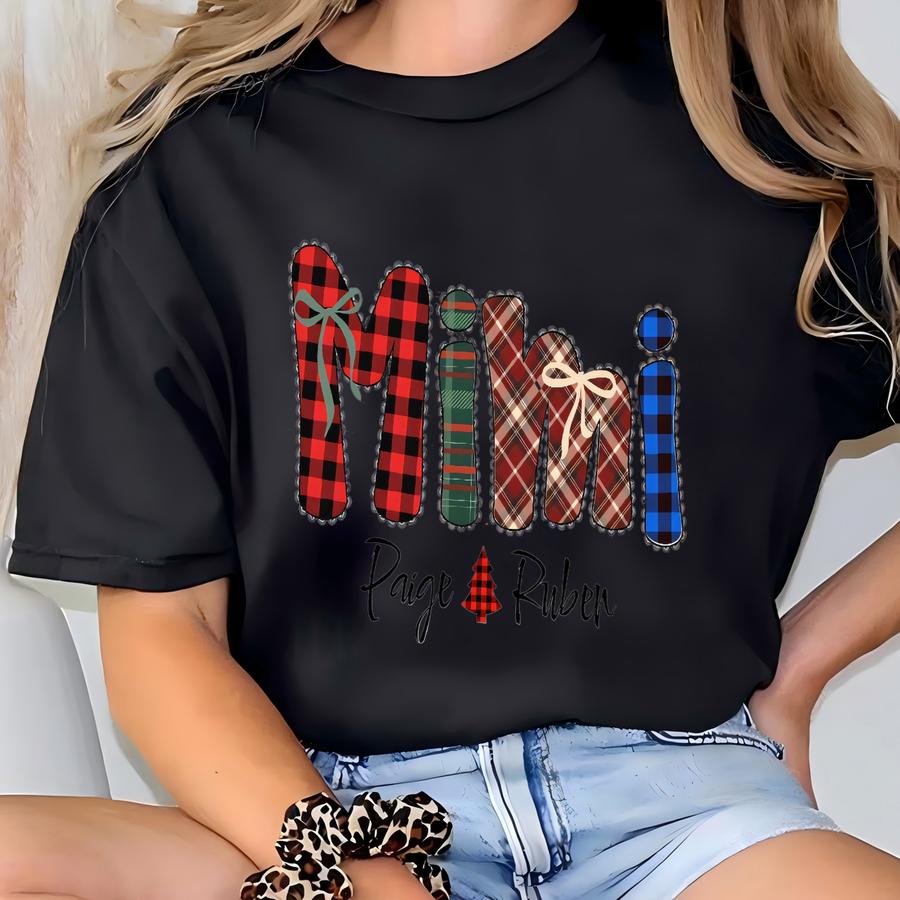 Christmas Mimi Sweatshirt With Grandkids Names, Mimi Gift From Grandchildren, New Grandma Gift, Xmas Gift For Mimi, Buffalo Plaid Christmas T-shirt