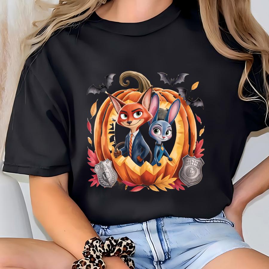 Zootopia Halloween Shirt, , Nick Wilde Judy Hopps Pumpkin Tee, Cute Halloween Shirt, Spooky Cartoon Animal Tee, 163857 T-shirt