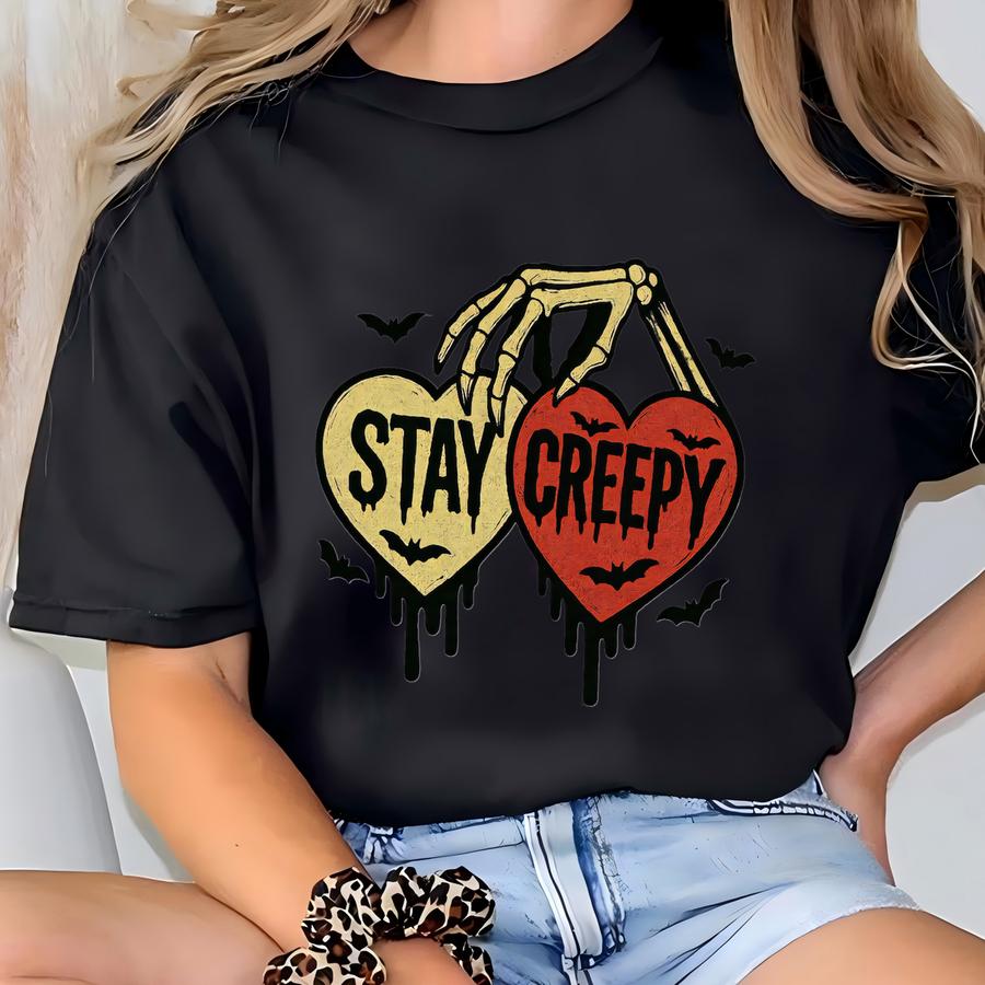 Stay Creepy Halloween Sweatshirt, Skeleton Hand Spooky Heart Tee, Funny Creepy Graphic Top, Cute Halloween Sweatshirt T-shirt