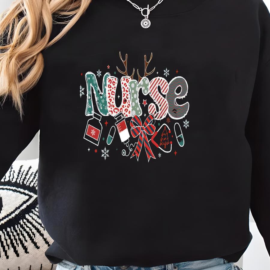 Christmas Nurse Sweatshirt, Coquette Bow Nurse Christmas Pullover, Retro Holiday Nurse Crewneck, Cute Medical Xmas Sweater Sweatshirt