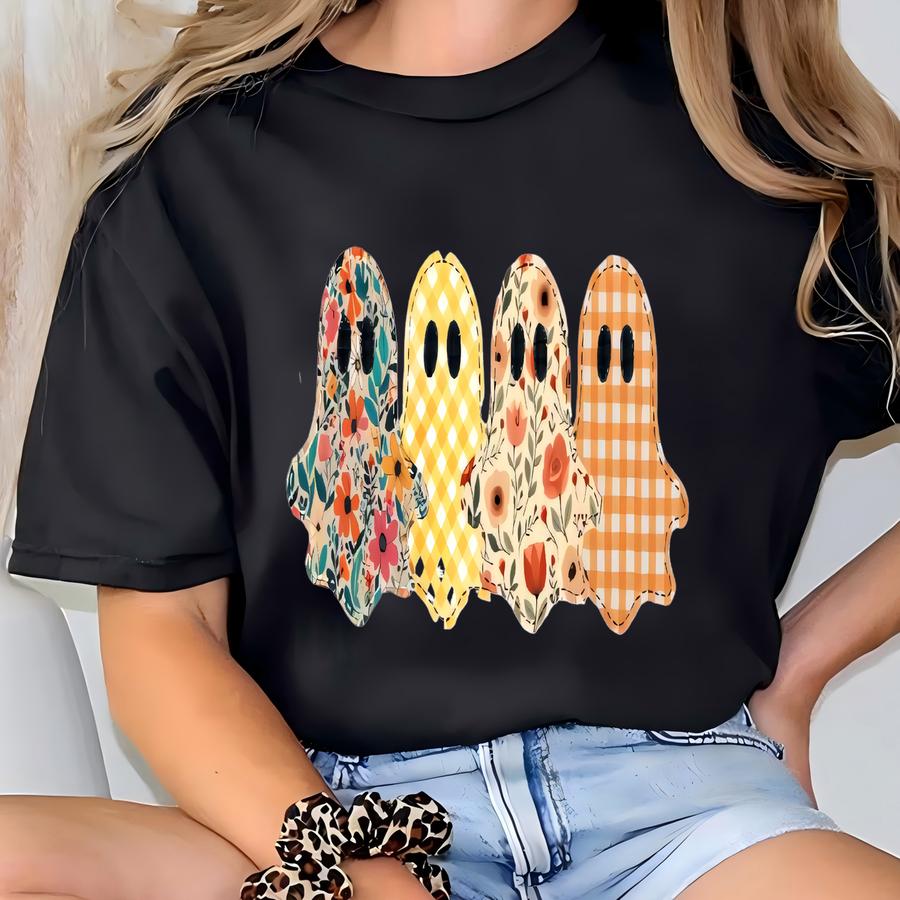 Spooky Season Ghost Shirt, Floral Patchwork Style Print Tee, Preppy Fall Pumpkin Shirt, Halloween Shirt T-shirt