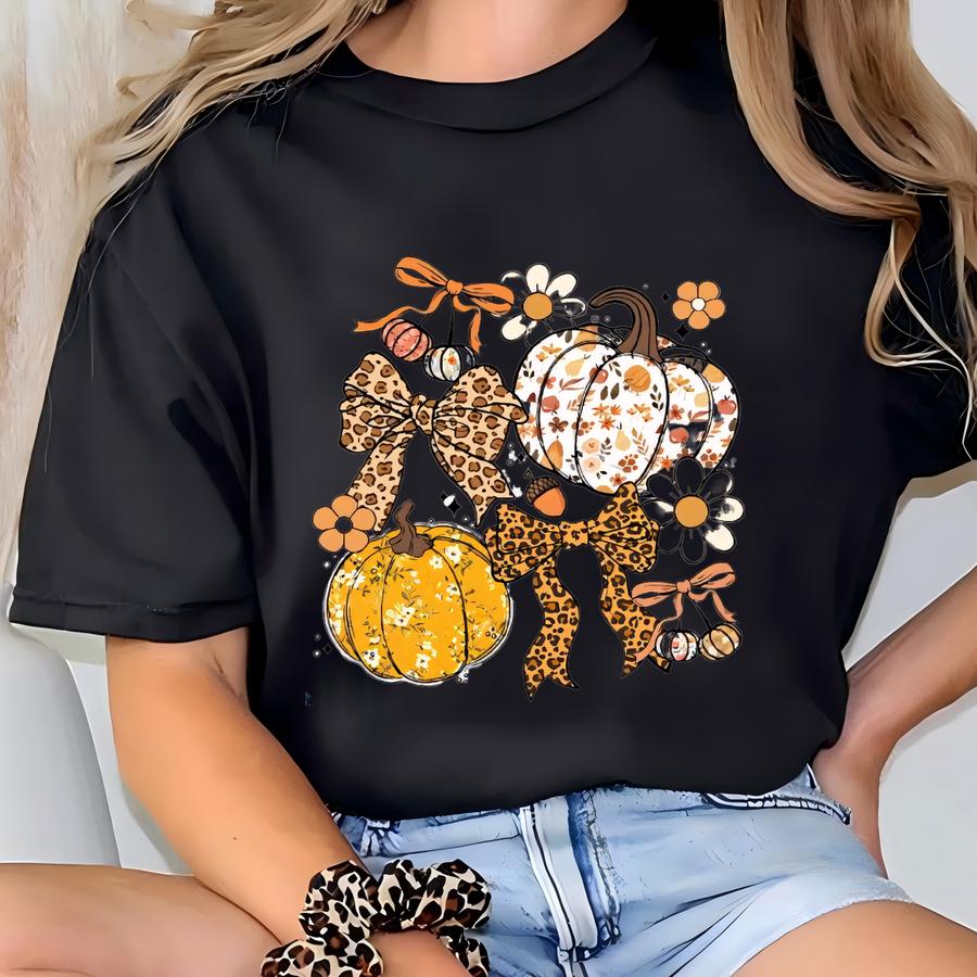 Floral Pumpkin Shirt, Floral Pumpkin Fall Shirt, Coquette Fall Collage Sweatshirt, Girly Autumn Bow Tee, Fall Vibes Sweatshirt T-shirt