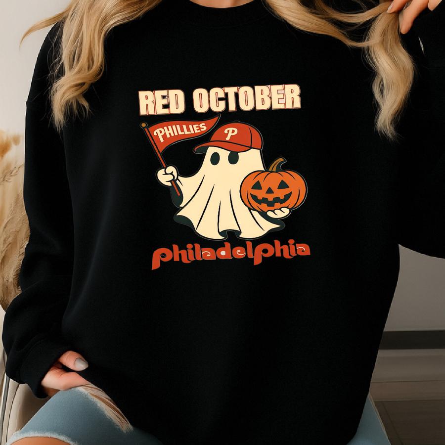 Phillies Red October Halloween Ghost Sweatshirt, Spooky Baseball Halloween Shirt, Philadelphia Phillies Hoodie, Phillies Halloween Sweatshirt