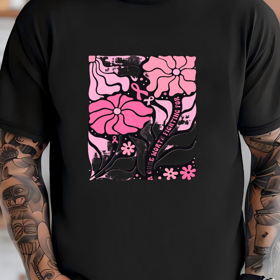 Cancer Awareness Shirt: A Cure Worth Fighting For Tee, Floral Breast Cancer Support Gift T-shirt