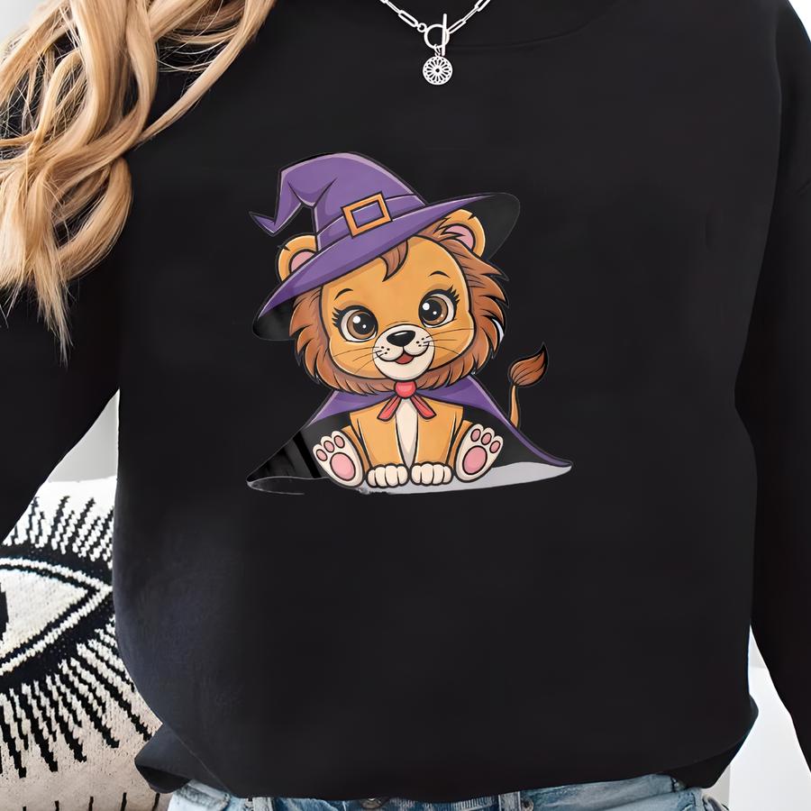 Cute Witch Lion T-shirt, Adorable Cartoon Lion In Purple Hat, Halloween Animal Shirt, Fun Magic Lion Tee, Kids And Adults Shirt Sweatshirt