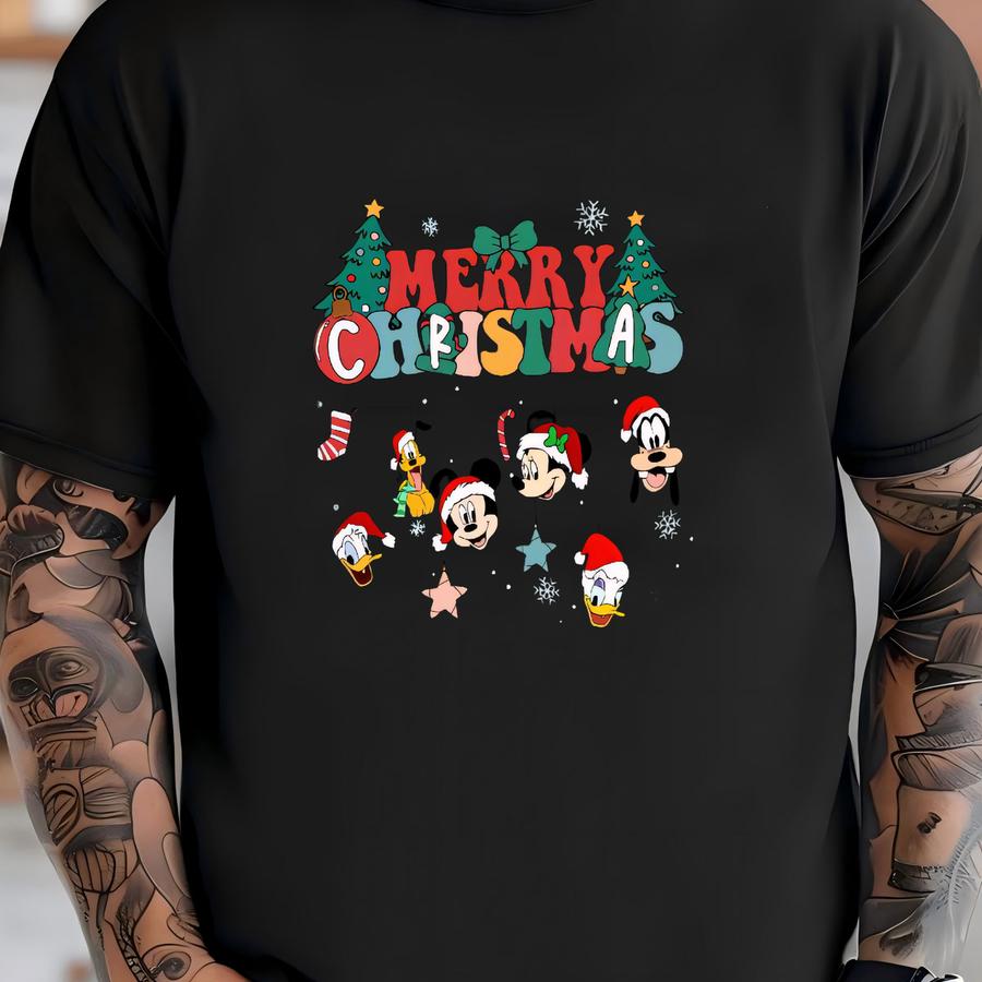 Merry Christmas Sweatshirt, Festive Cartoon Characters Holiday Hoodie T-shirt